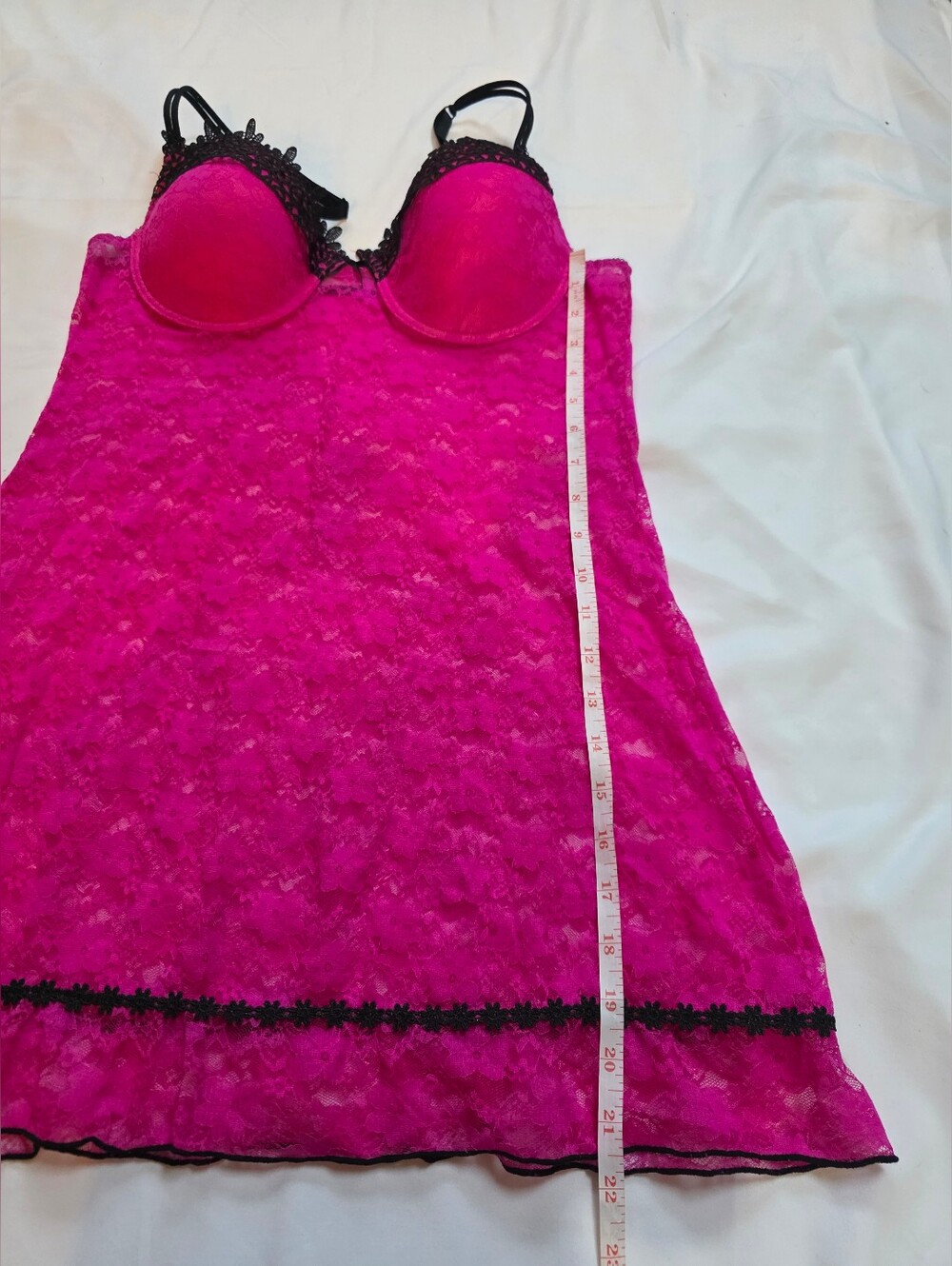 Hot Pink Lace Babydoll Chemise Lingerie Black Trim Padded Cups Adjustable Straps - Picture 9 of 9